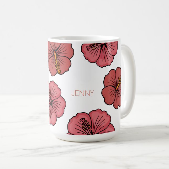 Tropical hibiscus pattern personalised  coffee mug (Front Right)