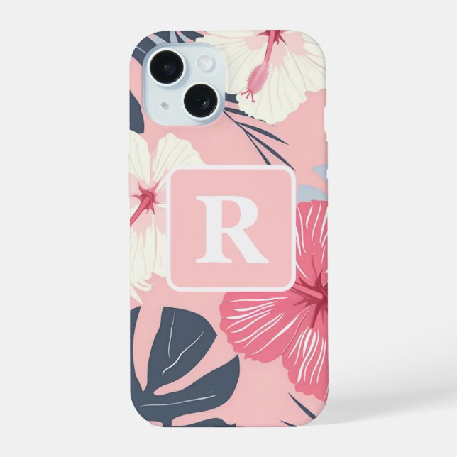 Tropical Hibiscus personalised Monogram iPhone 15 Case (Back)