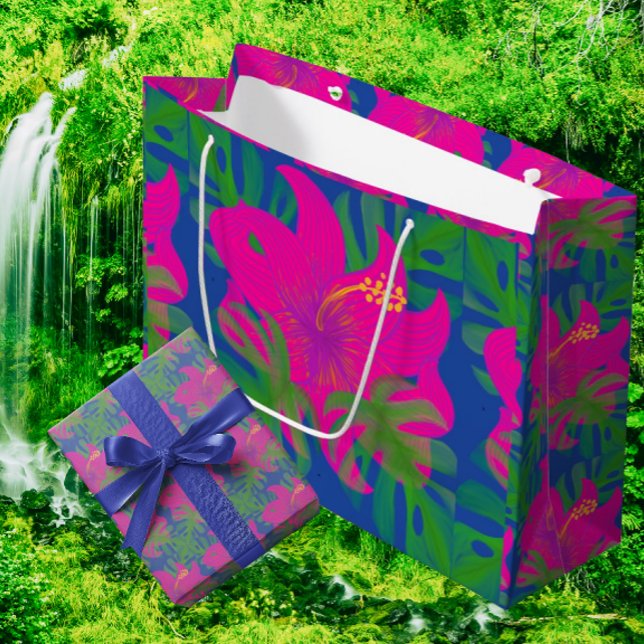 Tropical Hibiscus Philodendron  Large Gift Bag (Romantic vibrant tropical hibiscus artwork!)