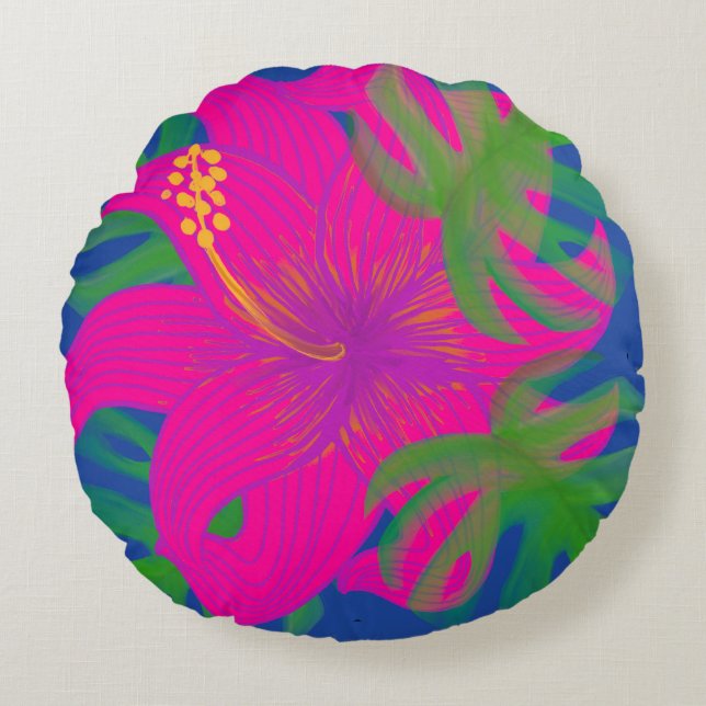 Tropical Hibiscus Philodendron  Round Cushion (Front)