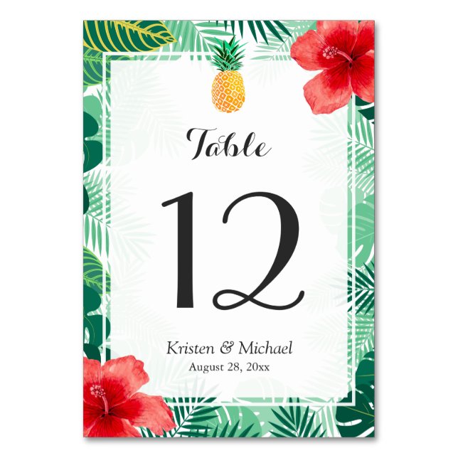 Tropical Hibiscus Pineapple Wedding Table Number (Front)