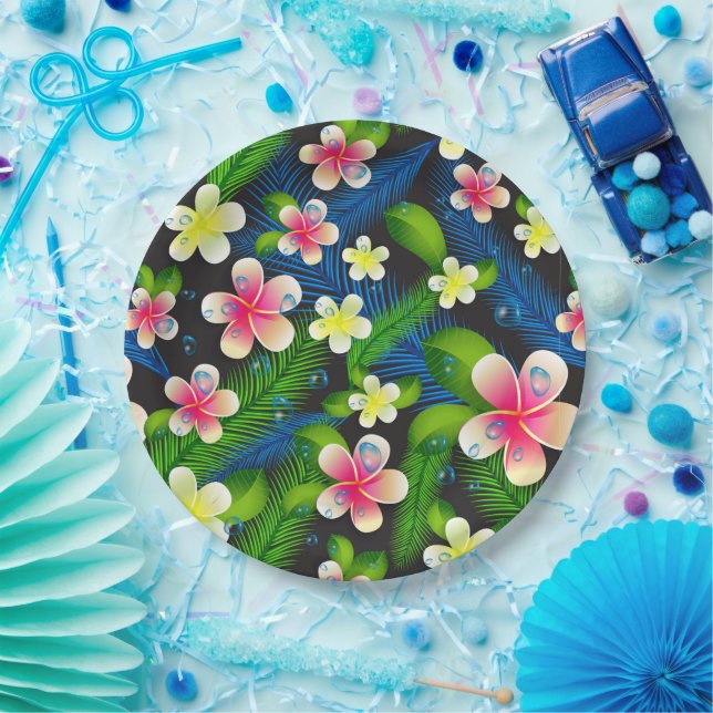 Tropical Hibiscus Pink And Yellow Paper Plates (Party)