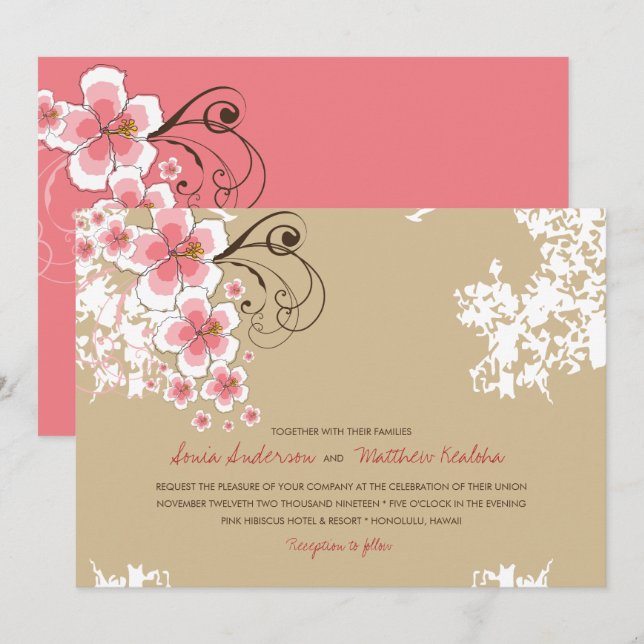 Tropical Hibiscus Pink Luau Beach Wedding Invite (Front/Back)