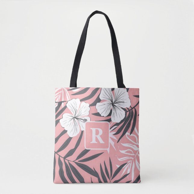 Tropical Hibiscus pink Monogram personalised Tote Bag (Front)