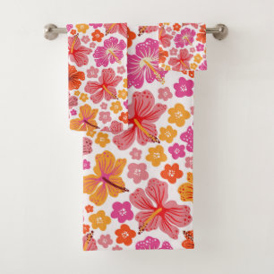 Tropical hibiscus - pink & orange bath towel set