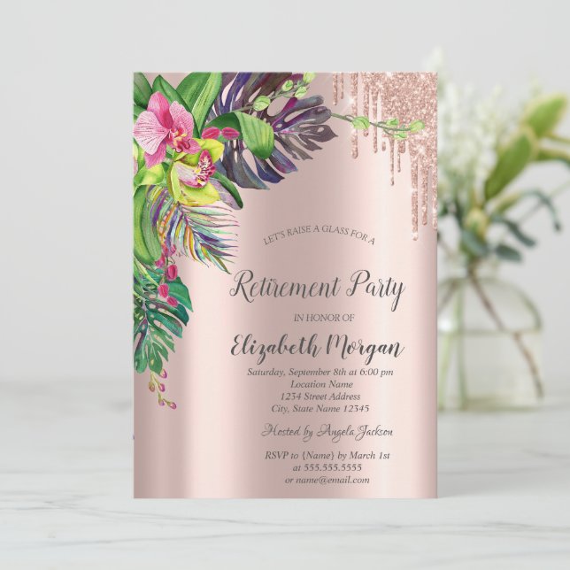 Tropical Hibiscus Rose Gold Drips Retirement  Invitation (Standing Front)