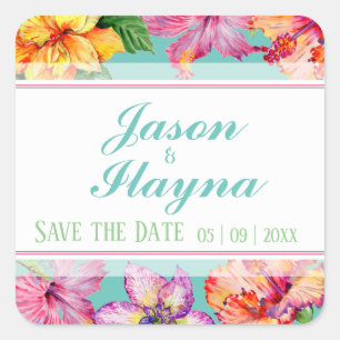 Tropical Hibiscus Save The Date Square Sticker