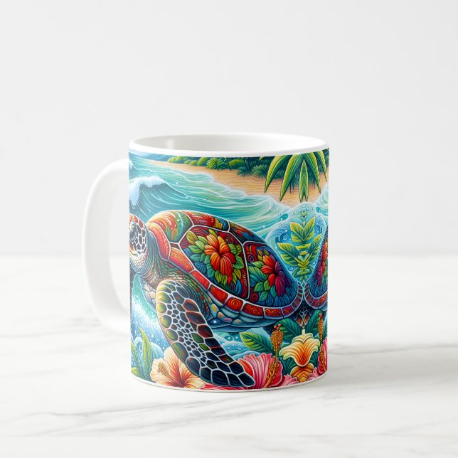 Tropical Hibiscus Sea Turtle Coffee Mug (Front Left)