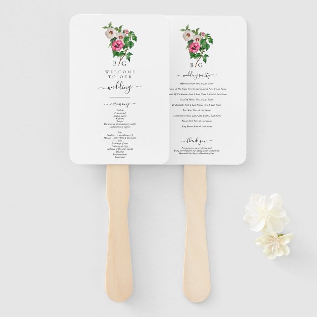 Tropical Hibiscus Summer Wedding Program Hand Fan (Front and Back)