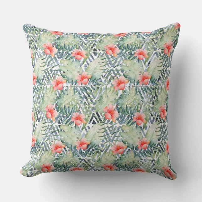 Tropical Hibiscus Tribal Floral Cushion (Front)