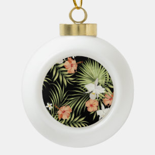 Tropical Hibiscus: Vintage Floral Pattern Ceramic Ball Christmas Ornament