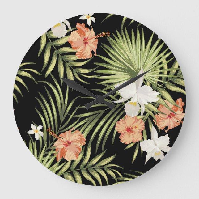 Tropical Hibiscus: Vintage Floral Pattern Large Clock (Front)