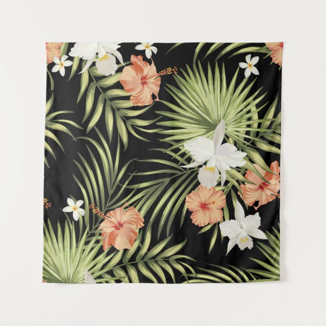 Tropical Hibiscus: Vintage Floral Pattern Tapestry (Front)