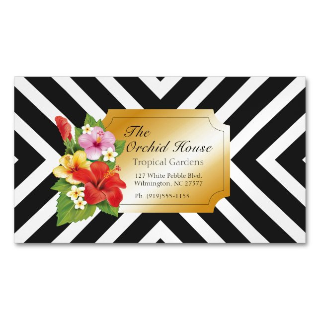 Tropical Hibiscus w/Thick Striped Pattern Magnetic Business Card (Front)