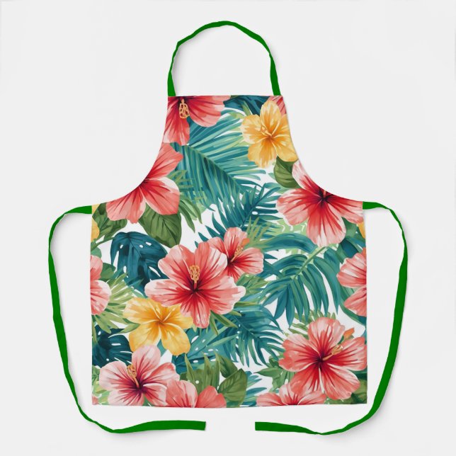 Tropical Hibiscus Watercolor Bright Floral Pattern Apron (Front)