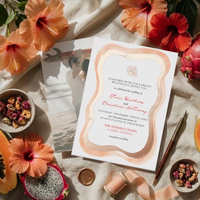 Tropical Hibiscus Wavy Border Vibrant Wedding (Invite guests to your destination wedding day with this Tropical Hibiscus Wavy Border Foil Invite!)