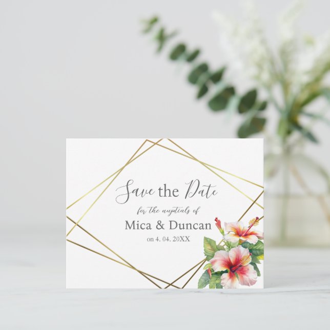 Tropical Hibiscus Wedding Save the Date Postcard (Standing Front)