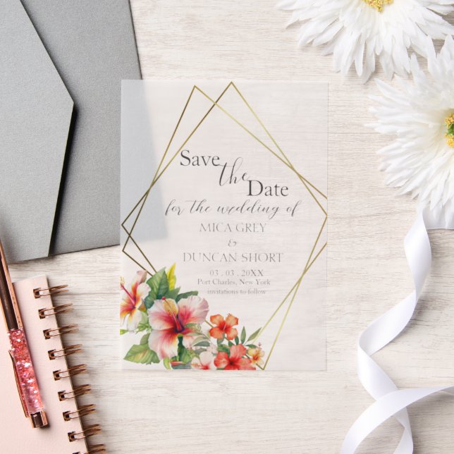 Tropical Hibiscus Wedding Save the Date Vellum Invitations (Wedding)