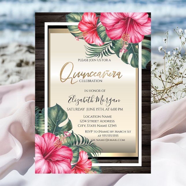 Tropical Hibiscus Wood Quinceanera Invitation (Creator Uploaded)