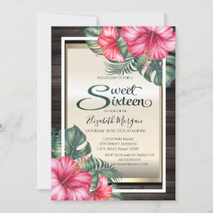 Tropical Hibiscus Wood Sweet 16 Invitation