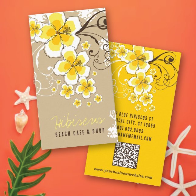 Tropical Hibiscus Yellow Flower Vintage Modern Business Card (Tropical Yellow Hibiscus Flowers And Swirls Rustic Business Card @ fatfatin_design)
