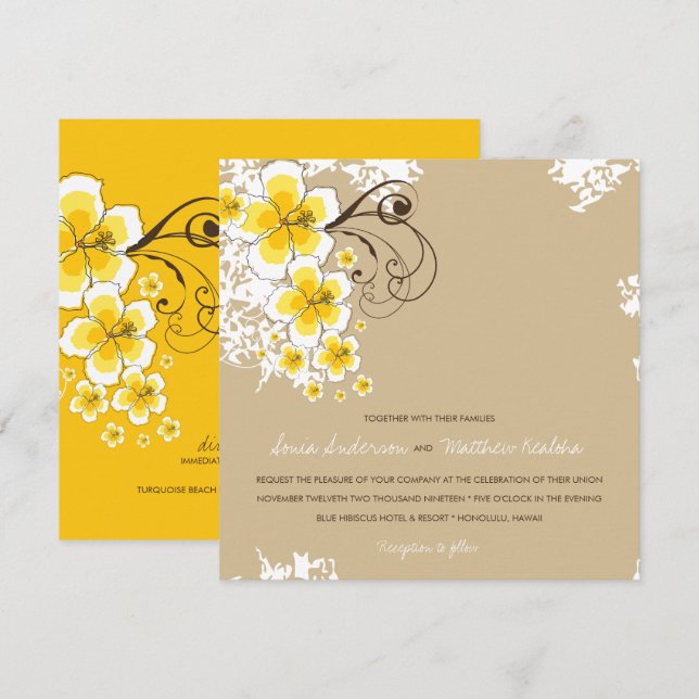 Tropical Hibiscus Yellow Luau Beach Wedding Invite (Front/Back)