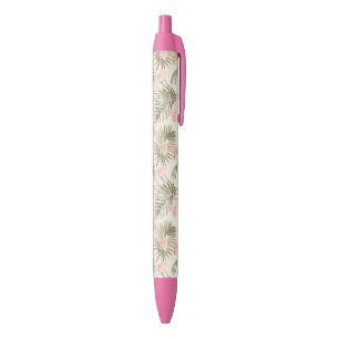 Tropical Hisbiscus Palm Tree Pattern Black Ink Pen