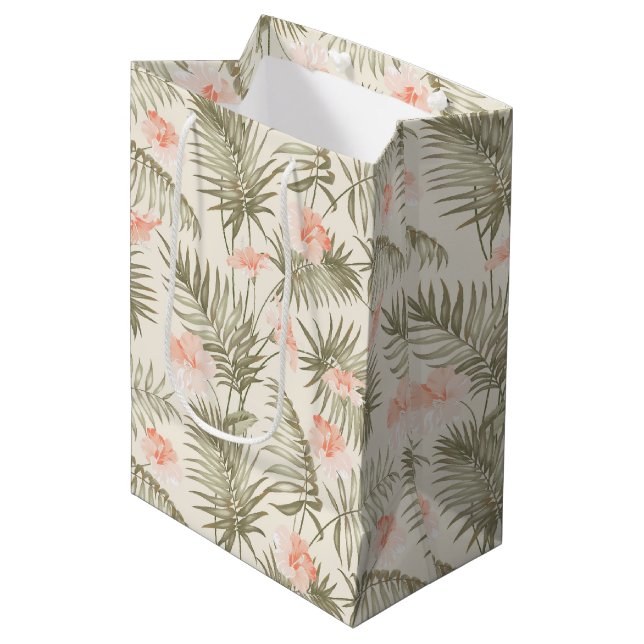 Tropical Hisbiscus Palm Tree Pattern Medium Gift Bag (Front Angled)