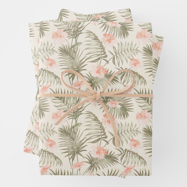 Tropical Hisbiscus Palm Tree Pattern Wrapping Paper Sheet (In situ)