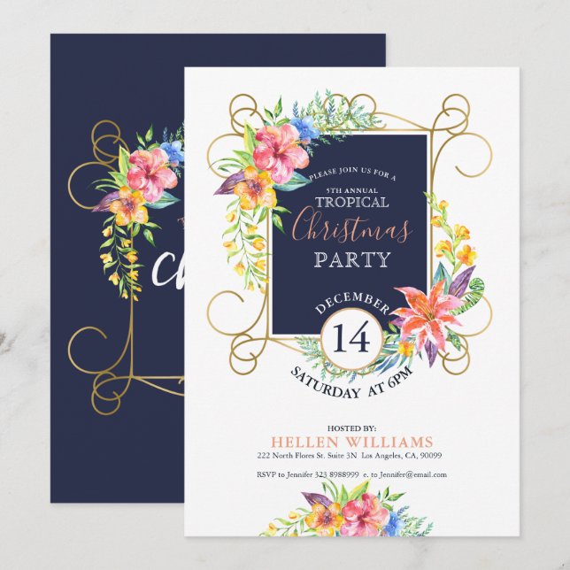 Tropical Holiday Cheers Flowers & Gold Frame Invitation (Front/Back)