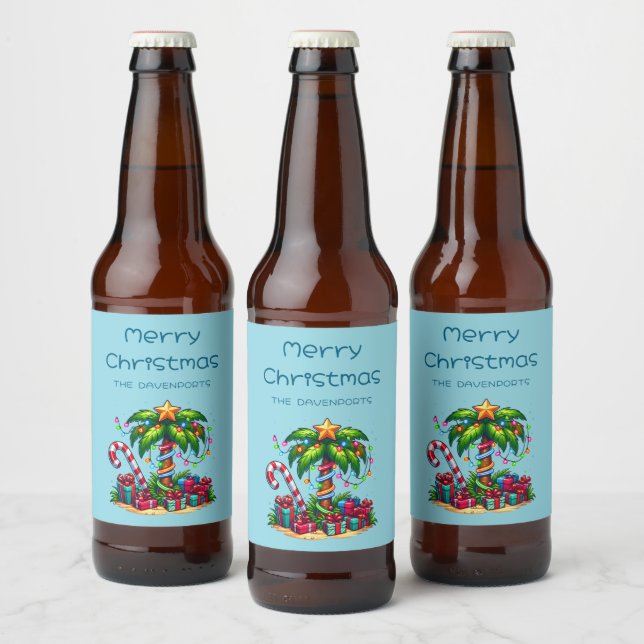 Tropical Holiday Palm Tree Merry Christmas Beer Bottle Label (Bottles)
