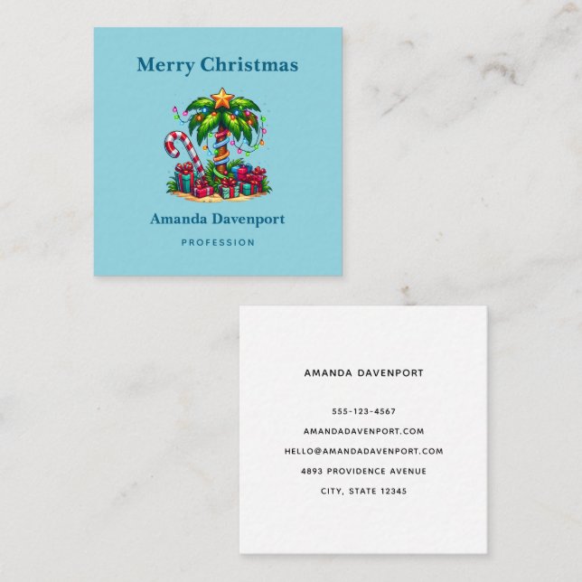 Tropical Holiday Palm Tree Merry Christmas Square Business Card (Front/Back)