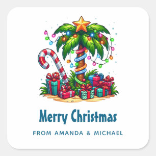 Tropical Holiday Palm Tree Merry Christmas Square Sticker