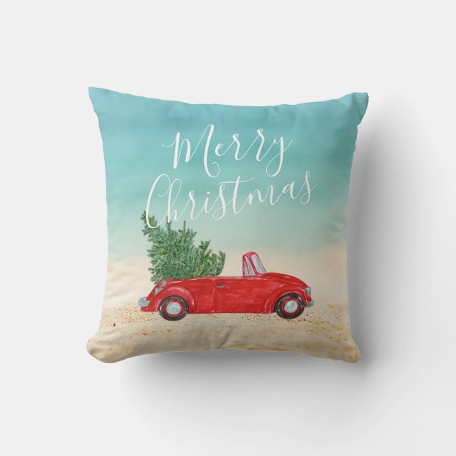 Tropical Holiday Vintage Red Car Christmas Tree Cushion (Front)