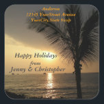 Tropical Holidays and Sunsets Return Address Square Sticker<br><div class="desc">This tropical palm tree sunset sticker makes a great envelope seal as well as a return address label.The sun sets behind a palm tree along the shoreline. You can make your own holiday greeting by personalising the text template. If you need any assistance, feel free to contact me through my...</div>