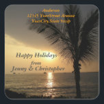 Tropical Holidays and Sunsets Return Address Square Sticker<br><div class="desc">This tropical palm tree sunset sticker makes a great envelope seal as well as a return address label.The sun sets behind a palm tree along the shoreline. You can make your own holiday greeting by personalising the text template. If you need any assistance, feel free to contact me through my...</div>