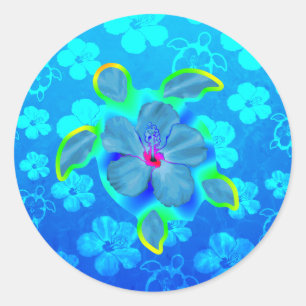 Tropical Honu Turtle and Hibiscus Classic Round Sticker