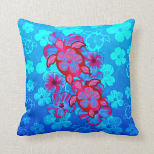 Tropical Honu Turtles And Hibiscus Flowers Cushion