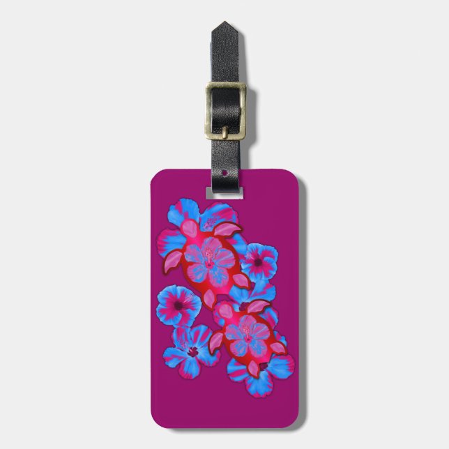 Tropical Honu Turtles And Hibiscus Flowers Luggage Tag (Front Vertical)