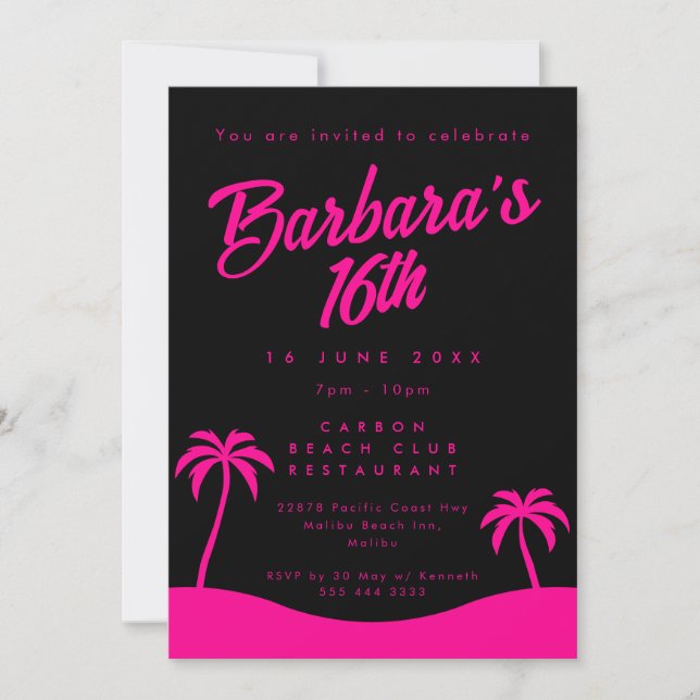 Tropical Hot Pink Black Summer Beach Sweet 16 Invitation (Front)