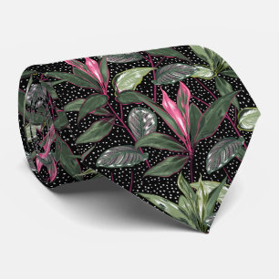 Tropical Hot Pink Flowers and Leaves Dots on Black Tie
