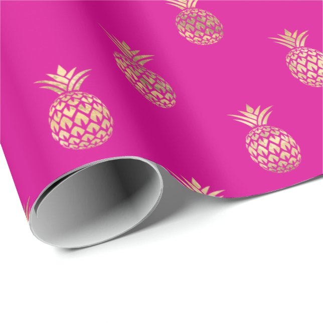 Tropical Hot Pink Gold Pineapple Pattern  Wrapping Paper (Roll Corner)