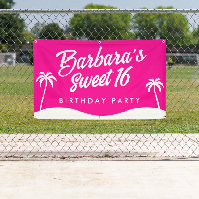 Tropical Hot Pink White Palm Tree Script Sweet 16  Banner (Insitu)