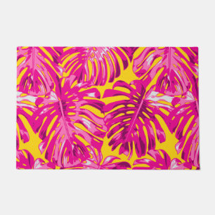 Tropical Hot Pink Yellow Jungle Leaves Pattern Doormat