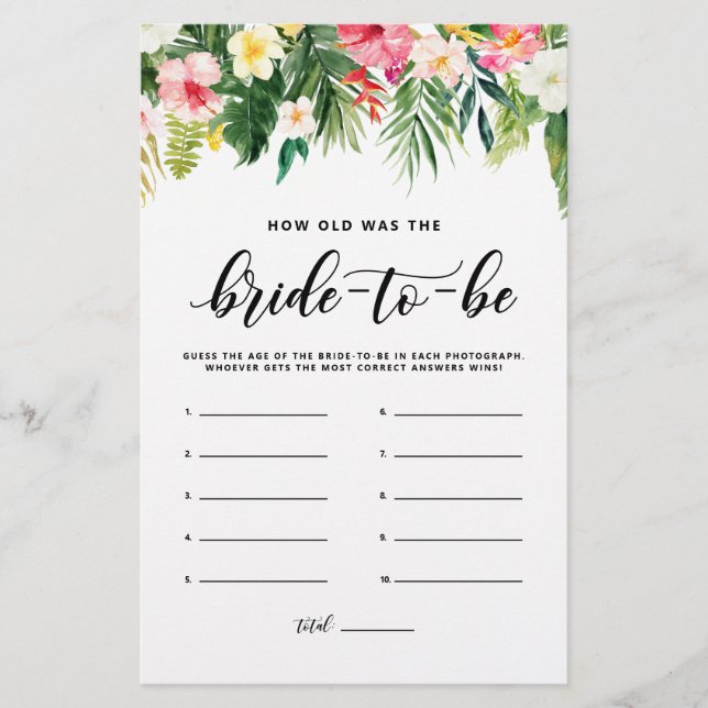 Tropical How Old Was the Bride-to-be Game Card (Front)