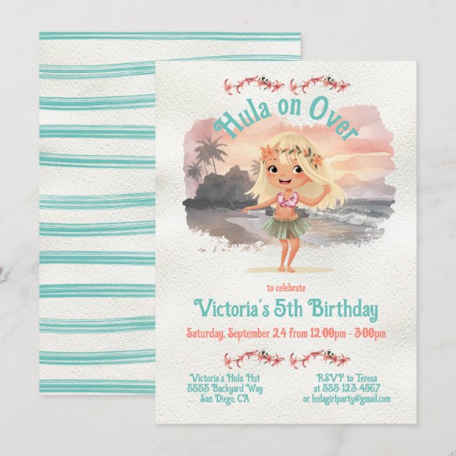 Tropical Hula Blonde Girl Birthday Party Invitation (Front/Back)