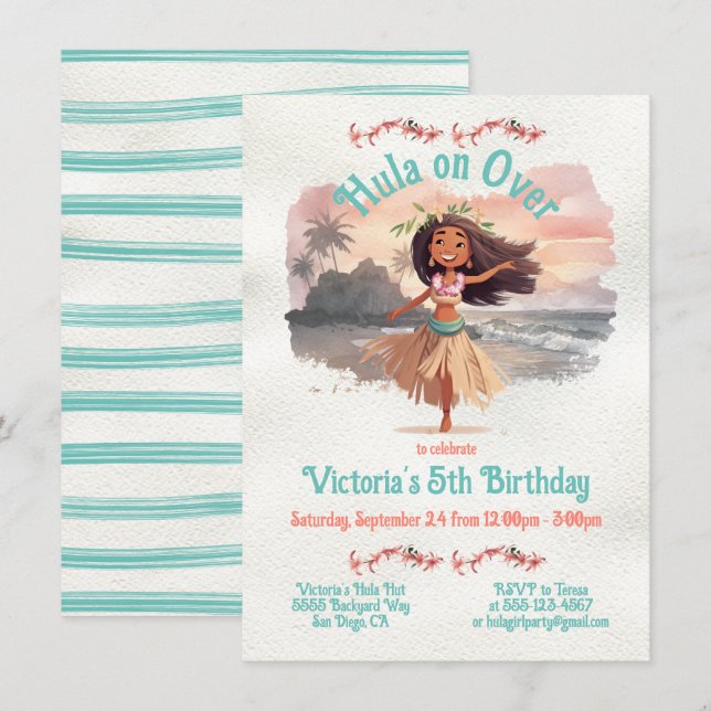 Tropical Hula Girl Birthday Party Invitation (Front/Back)