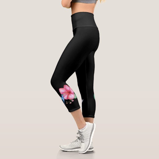Tropical Hummingbird Black High Waisted Capri Leggings (Left)