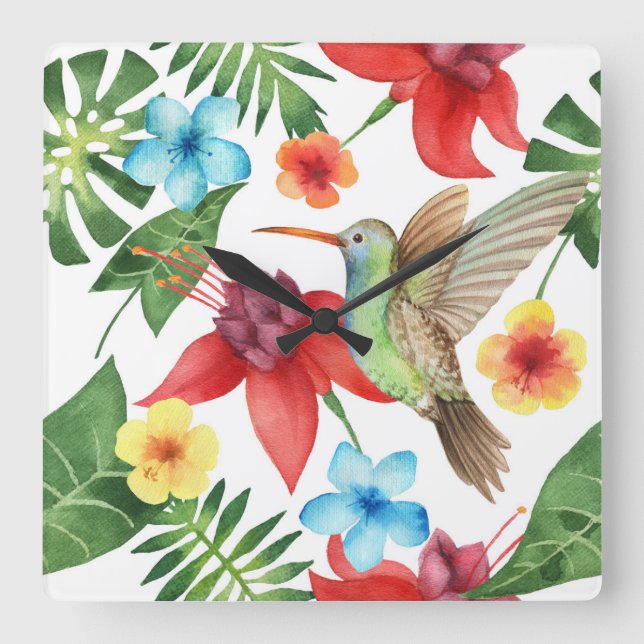 Tropical Hummingbird Square Wall Clock (Front)