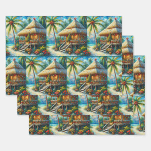 Tropical Hut Christmas Palm Tree Beach Decoupage Wrapping Paper Sheet